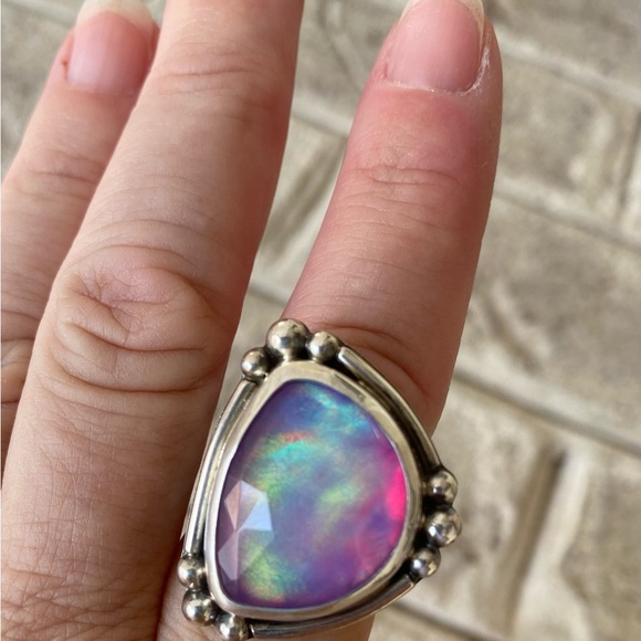 Huge sterling silver wide band synthetic opal ring size 8 - see video! - Picture 11 of 13